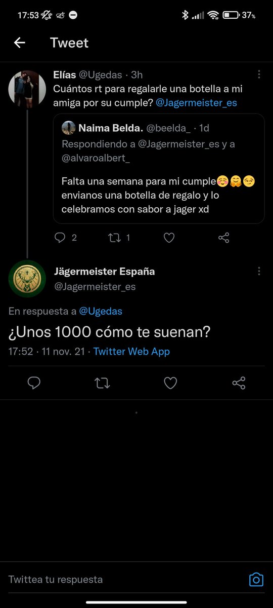 Ugedas's tweet photo. Venga que nunca os pido nada, ayudadme a regalarle a @beelda_ una botella de @Jagermeister_es por su cumple! 🙌🙌 https://t.co/gCVUPP1QgZ