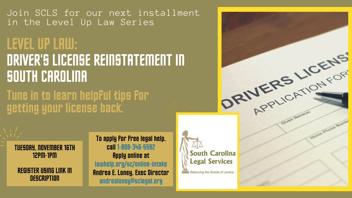 sclegalservices's tweet photo. Join us next Tuesday for our next episode of Level Up Law where we discuss driver's license reinstatement. We'll provide some helpful tips for getting your license back!

Register here: https://t.co/3NW7CyGtCC https://t.co/YdJ1urWSg7