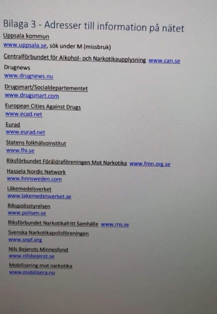 Snilletjohan (@snilletjohan) on Twitter photo Hoppsan. En person skickade mig <a href="/regionuppsala/">Region Uppsala</a> riktlinjer för anställa gällande alkohol och narkotika.
I slutet finner vi en länksamling som hänvisar till flertalet lobbyorganisationer, propagandakanalen Drugnews samt Nils Bejerots minnesfond. Hoppsan. En person skickade mig <a href="/regionuppsala/">Region Uppsala</a> riktlinjer för anställa gällande alkohol och narkotika.
I slutet finner vi en länksamling som hänvisar till flertalet lobbyorganisationer, propagandakanalen Drugnews samt Nils Bejerots minnesfond.