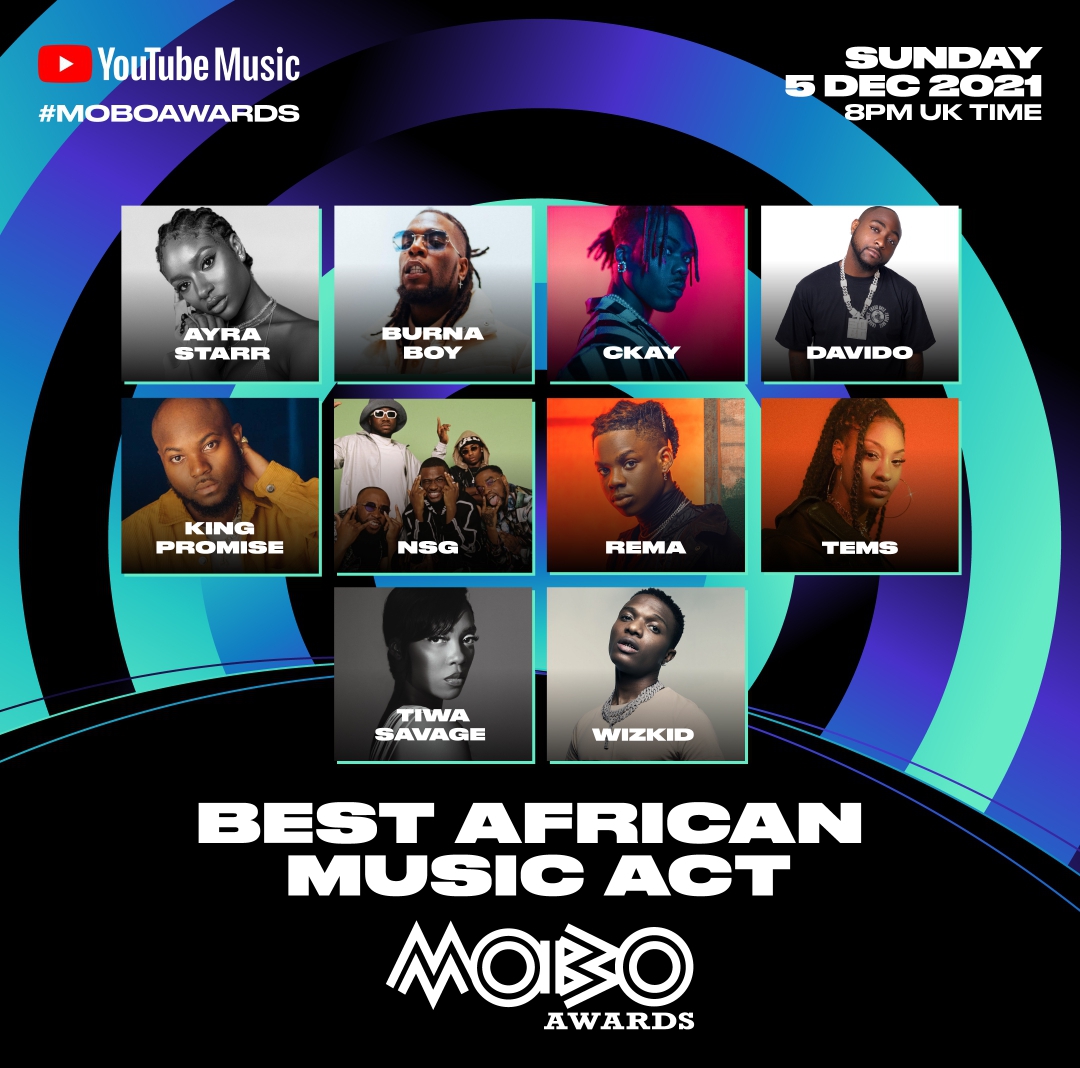 Nominations for “Best African act” at 2021 #MoboAwards: 

• Ayra Starr
• Burna Boy
• CKay
• Davido
• King Promise
• NSG
• Rema
• Tems
• Tiwa Savage
• Wizkid
