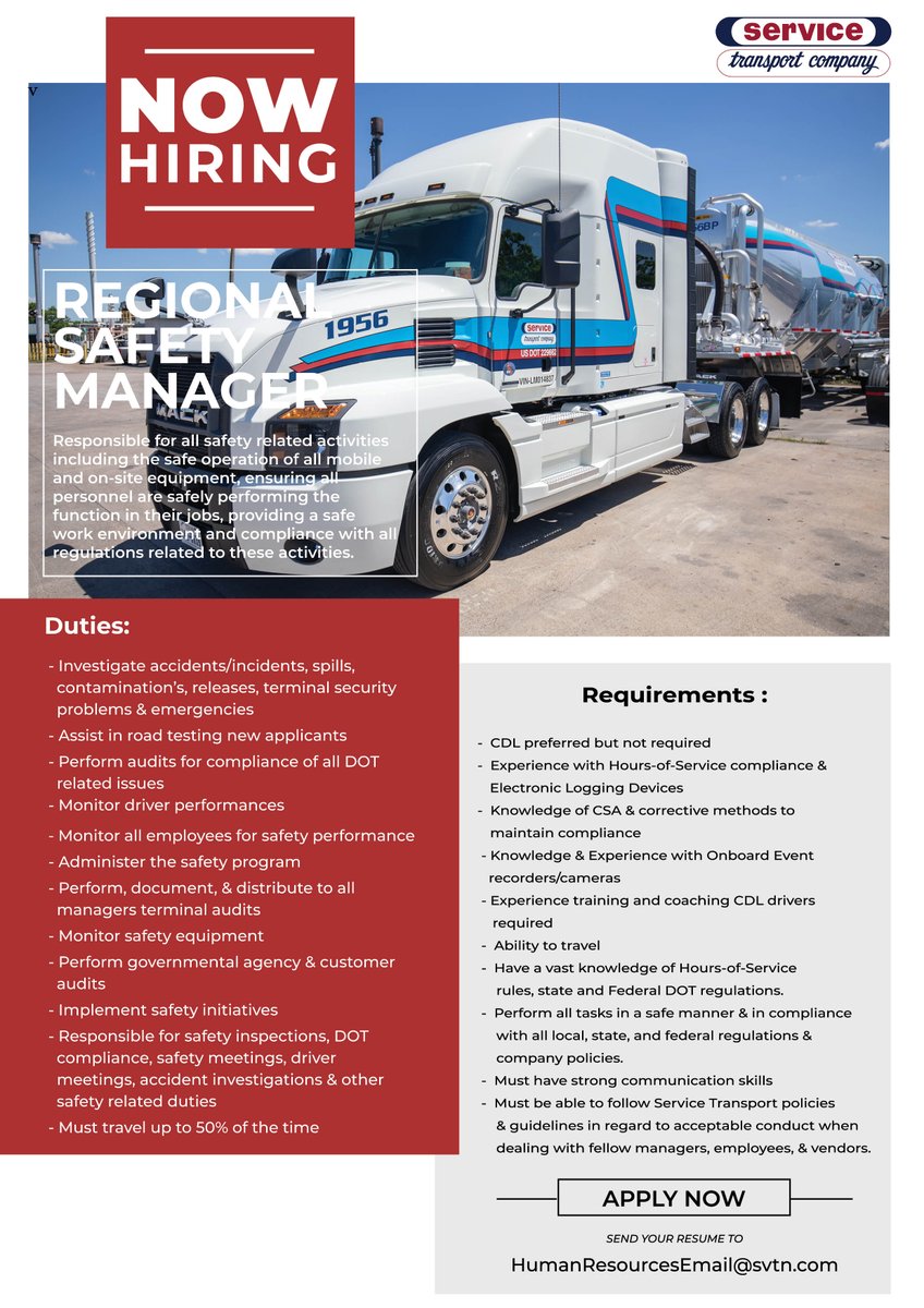 ServiceTransCo's tweet photo. Hiring for a Regional Safety Manager #hiring #servicetransport https://t.co/8LpNWEHgNR