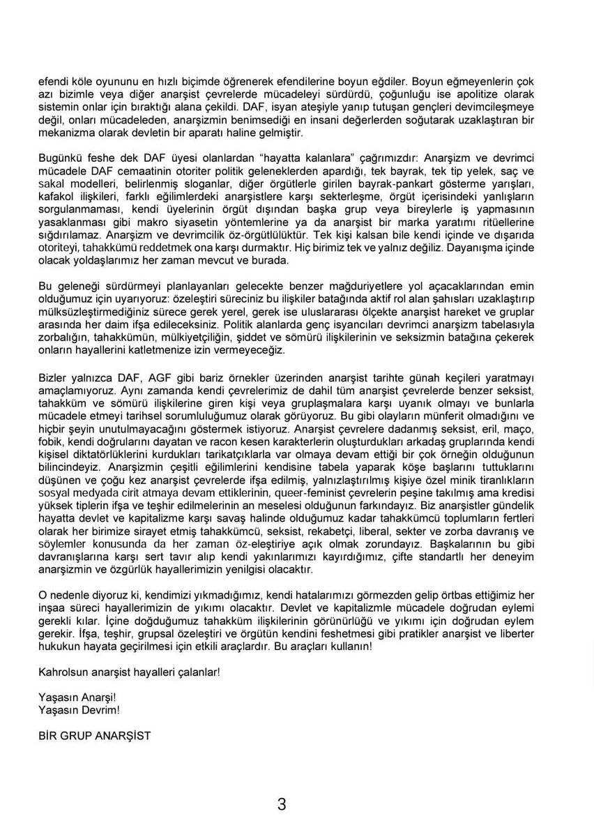 BİR GRUP ANARŞİST'TEN DAF’TA YAŞANAN OLAYLARA DAİR AÇIKLAMA 
Zihni açık, özgür bireylere...
#dafifsa