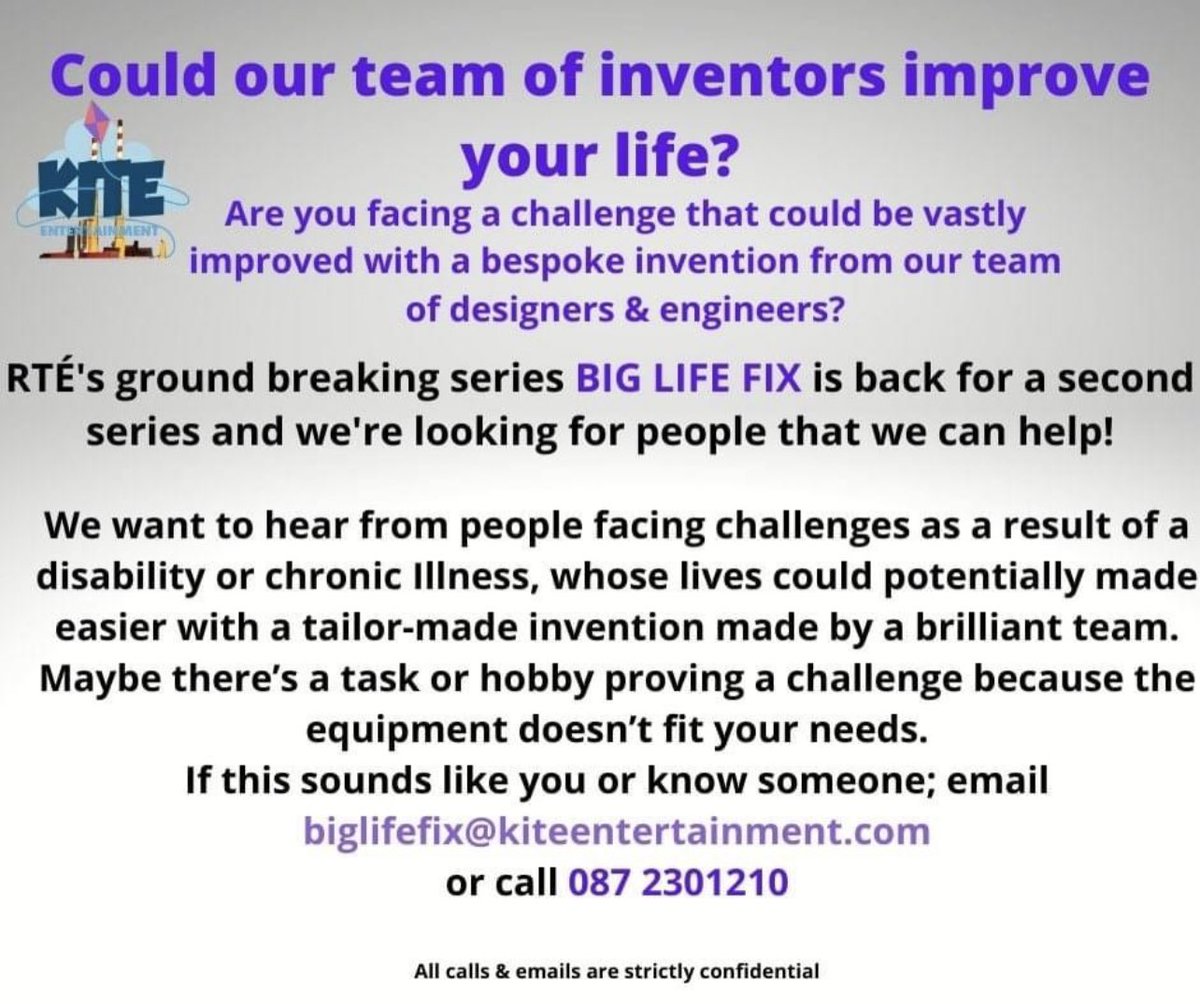 KiteEnt's tweet photo. Big Life Fix series 2 is happening and we’re currently looking for participants. It’s a fab show that via some great science minds genuinely improves the lives of it’s participants. If you know someone with real challenges who our team of experts could help please get in touch. https://t.co/rTHIoLHJIx