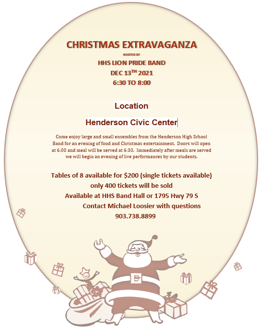 HendersonHSBand's tweet photo. Over 100 of the 400 tickets have already been sold.  Don't miss out on the fun at the Christmas Extravaganza! https://t.co/YSiABq2W53