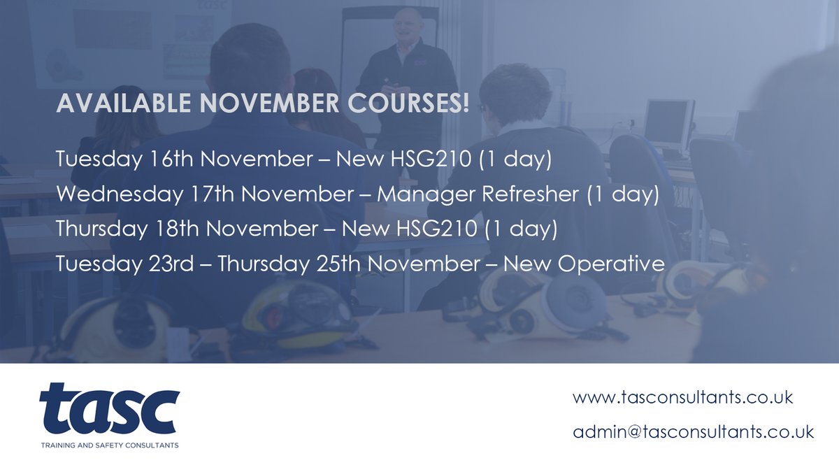 TASC_training's tweet photo. Available course details for November below! Get in touch to book or visit https://t.co/FiaRJFFqdI for more info!
#asbestos #asbestosawareness #asbestosremoval #trainingcourses #healthandsafety https://t.co/wE5Hvq5XnI