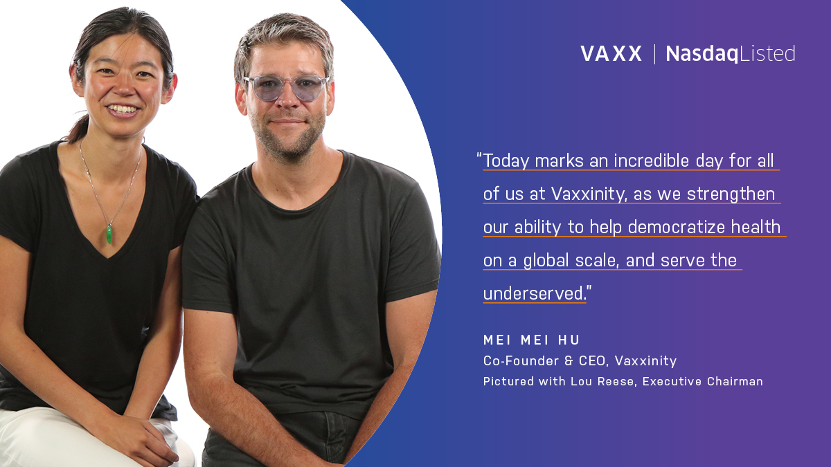 NasdaqExchange's tweet photo. Welcome to the @Nasdaq family, @Vaxxinity! 🔬

More health to more people. $VAXX’s mission is to democratize health by providing cheaper, safer, more convenient, and effective medicines for chronic disease to all. https://t.co/KoWRHyyaiW