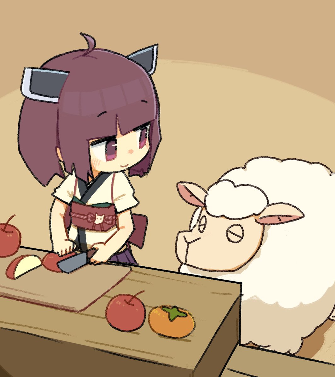 touhoku kiritan 1girl sheep headgear food knife fruit japanese clothes  illustration images