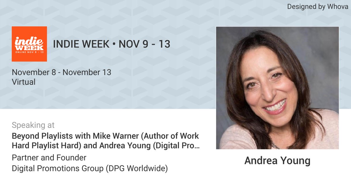 dpgworldwide1's tweet photo. Join #playlisting experts Andrea Young & @askmikewarner Saturday, November 13th @ 9am PT/10am MT/11am CT/12pm ET for 'Beyond Playlists', their very own webinar as part of @indieweek! They'll discuss #releasestrategies, #promotionaltools, #fandevelopment, #artistbranding & more! https://t.co/c9kZDGkZm0