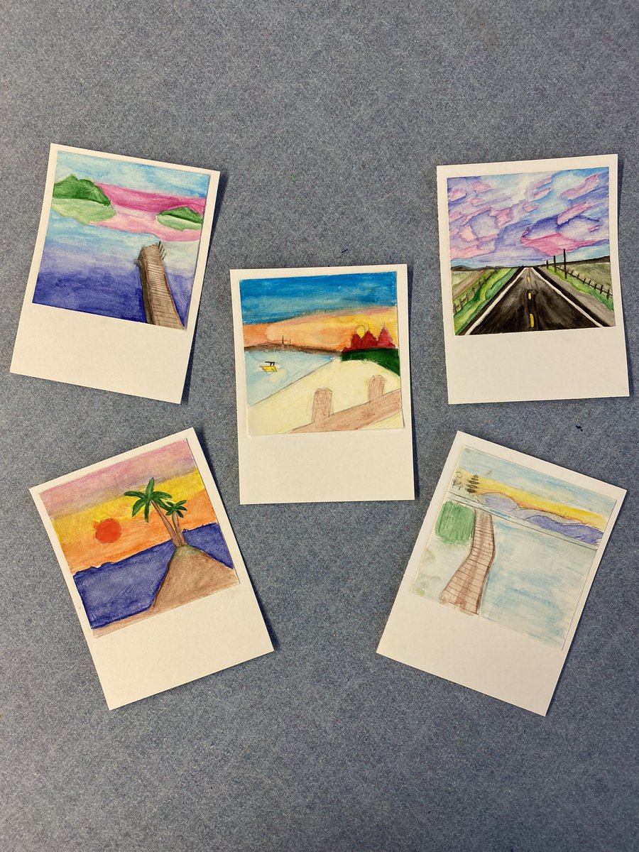 FTSD_Anderson's tweet photo. 8th Grade Polaroid Landscapes. Students experimented with watercolor pencils to create a scene of their choice 😍 https://t.co/Uc9IYIECvQ