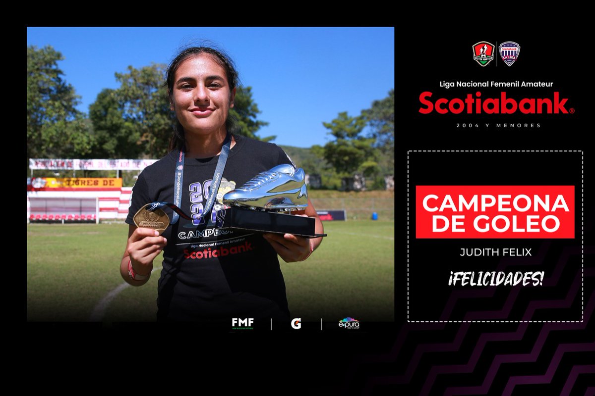 SectorAmateur's tweet photo. #LNFAS | Muchas felicidades Judith Felix 👏🏻 por ser campeona de goleo ⚽️ de la Liga Nacional Femenil Amateur Scotiabank en la categoría 2️⃣0️⃣0️⃣4️⃣ y menores.

#DondeNaceLaPasión #FMFPorNuestroFútbol @ScotiabankMX @ScotiabankFC @gatorademex @epuraoficial https://t.co/1itBK4E9ek