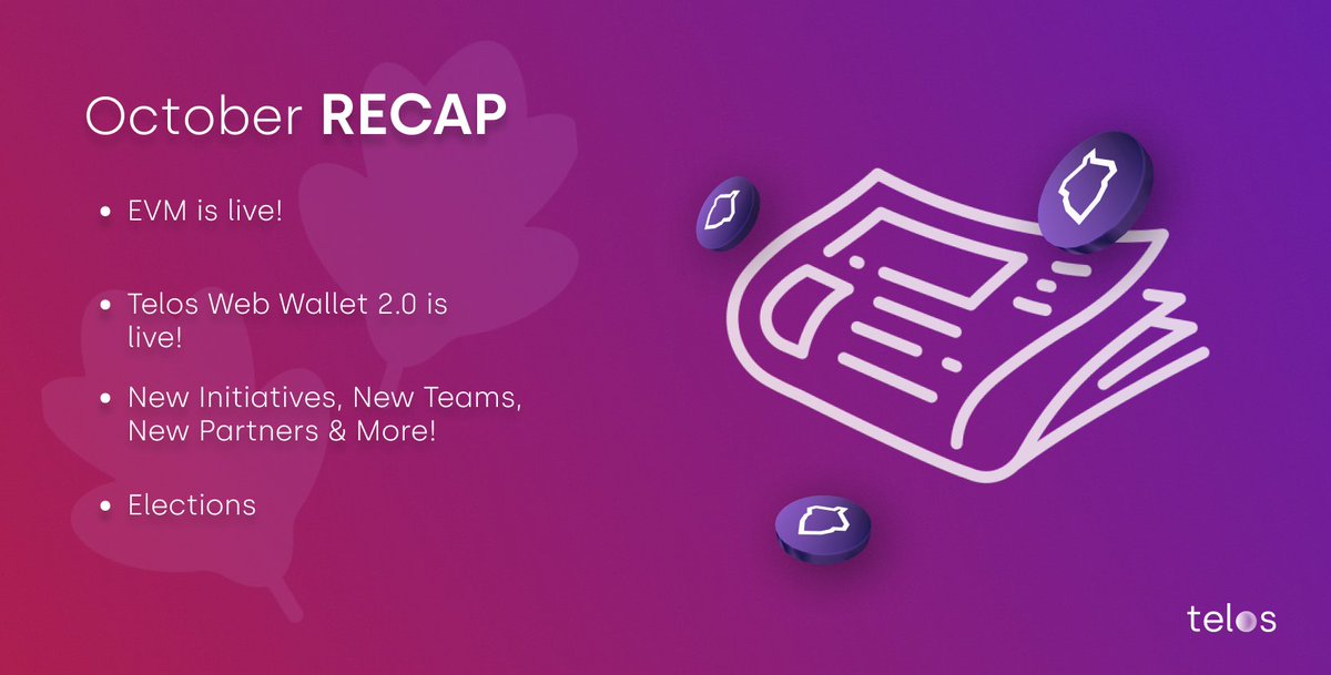 HelloTelos's tweet photo. 💥 Read our October recap report to learn more about everything that happened this past month, including the launch of #TelosEVM, the new web #wallet, #elections, #Telos Punks, new #TLOS listings and more! 

📰 Full October recap report: https://t.co/tfW8tQ1qou https://t.co/MGiJdG0ADw