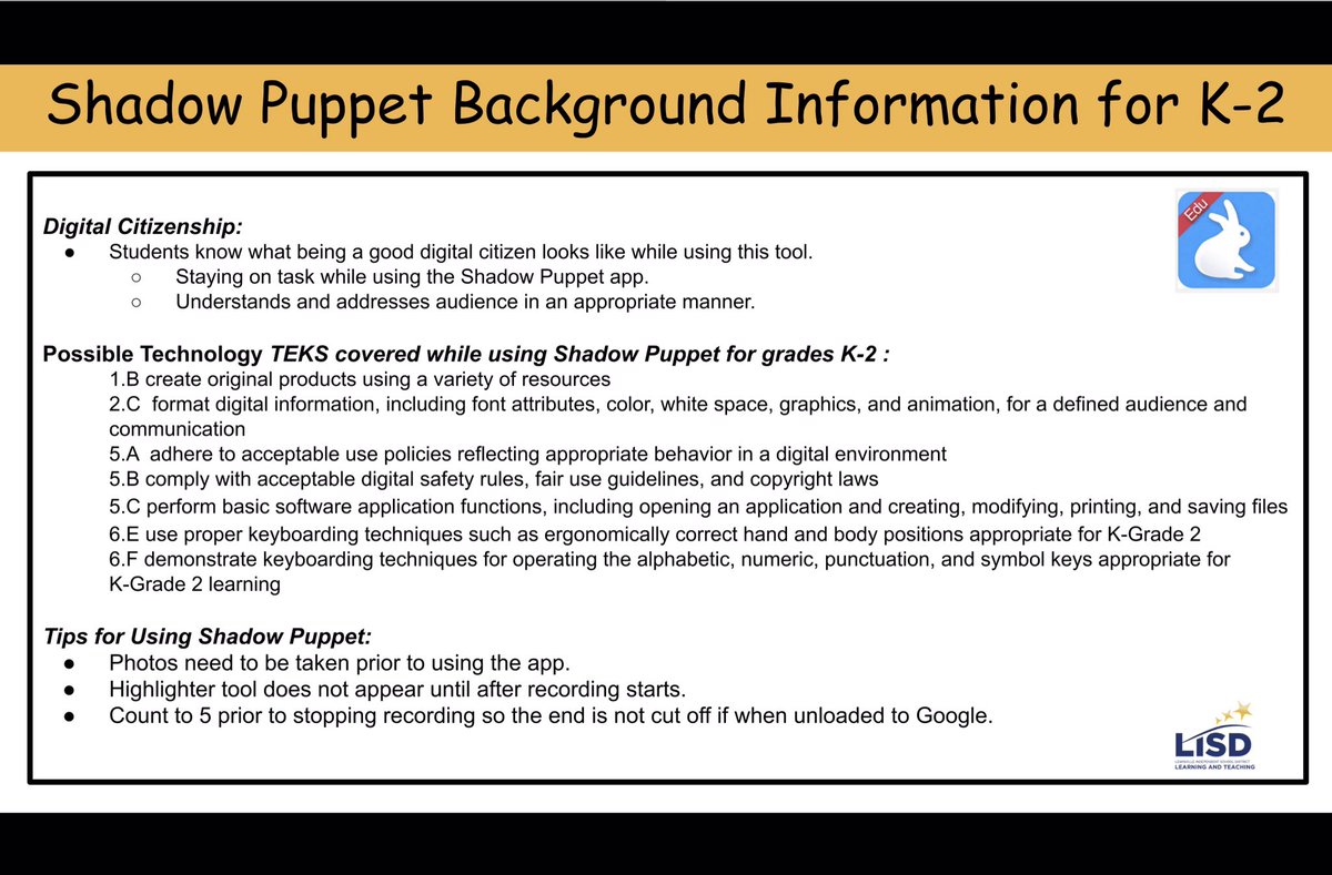 jsolnekfrazier's tweet photo. ❤️ed partnering with @SHENIQUAJ0HNS0N to provide co-teach integrating tech and reading using #ShadowPuppetEdu in 1st. Meaningful tech integration and high quality ELA instruction! 🎉 Check the TEKS and DigCit ⬇️. #bettertogether #DigitalLISD #lisdLandT #LISDreads #CHEdragonpride https://t.co/KJvr27lt6w