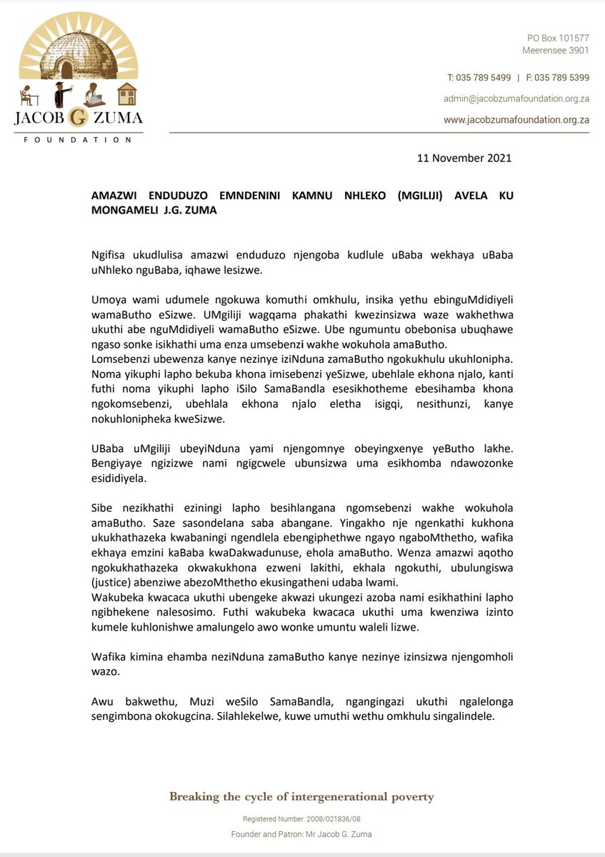 JGZ_Foundation's tweet image. H.E President Zuma through a heartfelt letter, has conveyed his condolences to the Nhleko family following the passing of Bab'Zihogozelanga Nhleko, known to many as "Mgilija", the Commander of the Zulu Regiments.