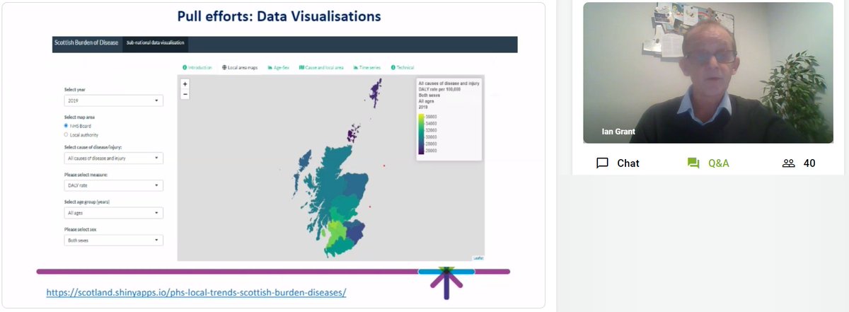 BurdenEU's tweet photo. .@IPgrant leads us through the wide variety of #ScottishBurdenOfDisease outputs, across the full information spectrum, to support the recent release of local estimates, including how @P_H_S_Official #LocalisedWorking colleagues are assisting. https://t.co/3CK6oJnWAY