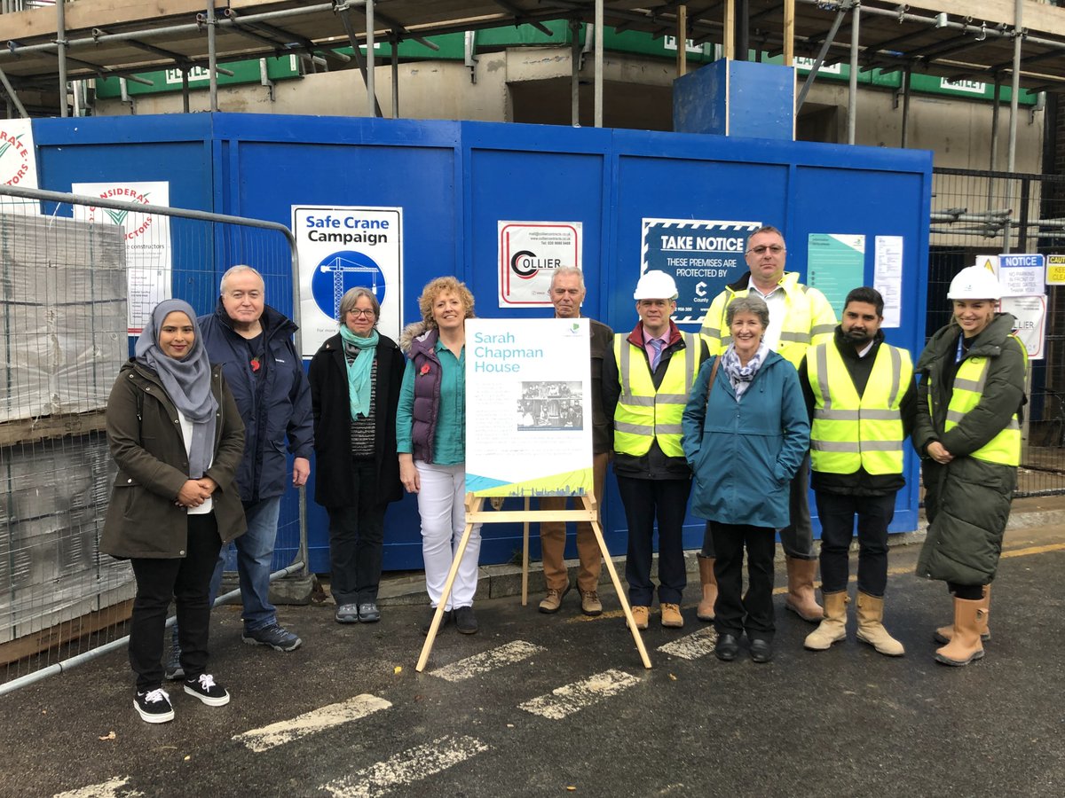 TheMatchgirls's tweet photo. Great Granddaughters, @fantasticboys_2 &amp; @CasWatts, were delighted to meet with Deputy Mayor @cllrasmabegum, @Valjwhitehead, local Colum Mcginley, the construction team, plus Laura and Darren from @TowerHamletsNow for the official naming of 'Sarah Chapman House' #matchgirls1888 https://t.co/zBqzL4tkcw