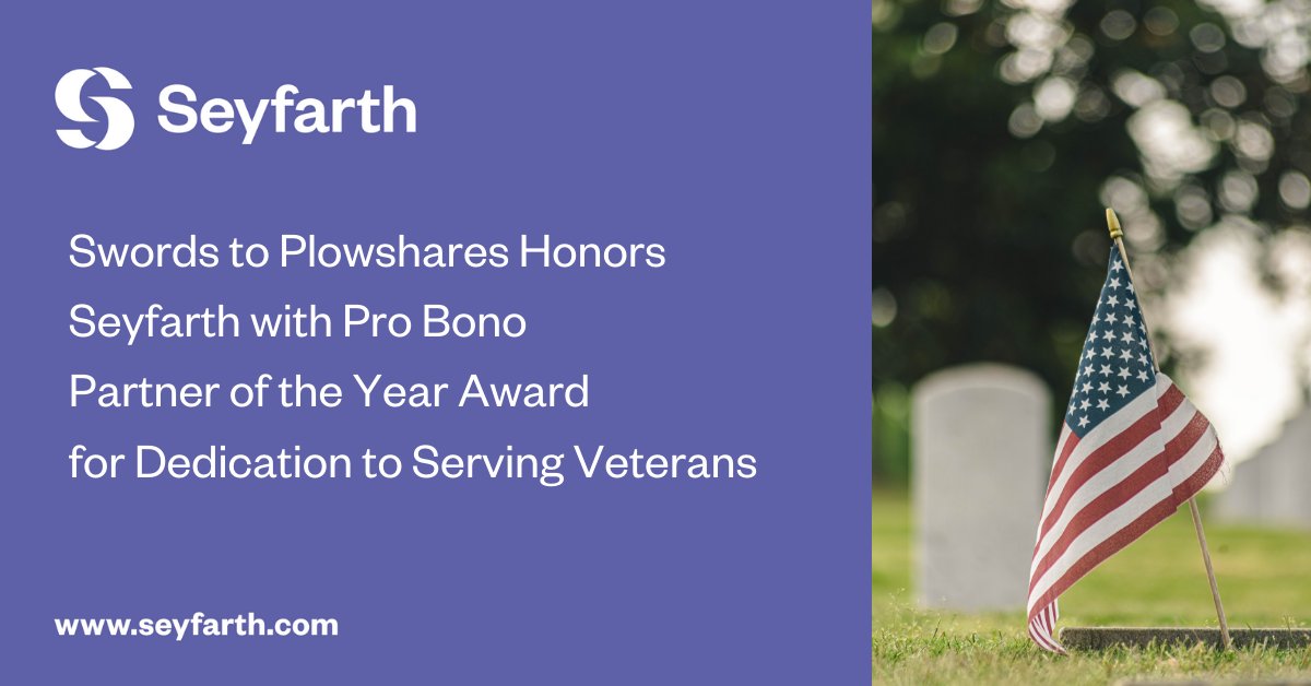 Seyfarth is honored to receive the <a href="/vetshelpingvets/">Swords to Plowshares</a> #ProBono Partner of the Year Award at their 25th Annual #VeteransDay Celebration🇺🇸 <a href="/SeyfarthGiving/">SeyfarthShawGiving</a> 
seyfarth.com/news-insights/…

A heartfelt Thank You to all #veterans for their service!