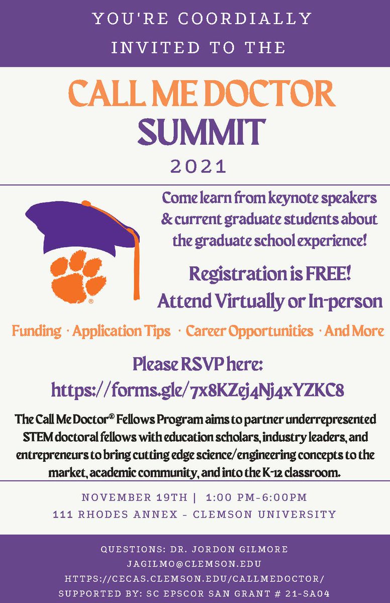 NanoBioLab1's tweet image. Clemson University is hosting our Call Me Doctor Summit on November 19, 2021 from 1-6 pm. This summit is for all students in STEM interested in graduate school. Registration is free and you can attend virtually or in-person.

RSVP using the link:
forms.gle/7x8KZej4Nj4xYZ…