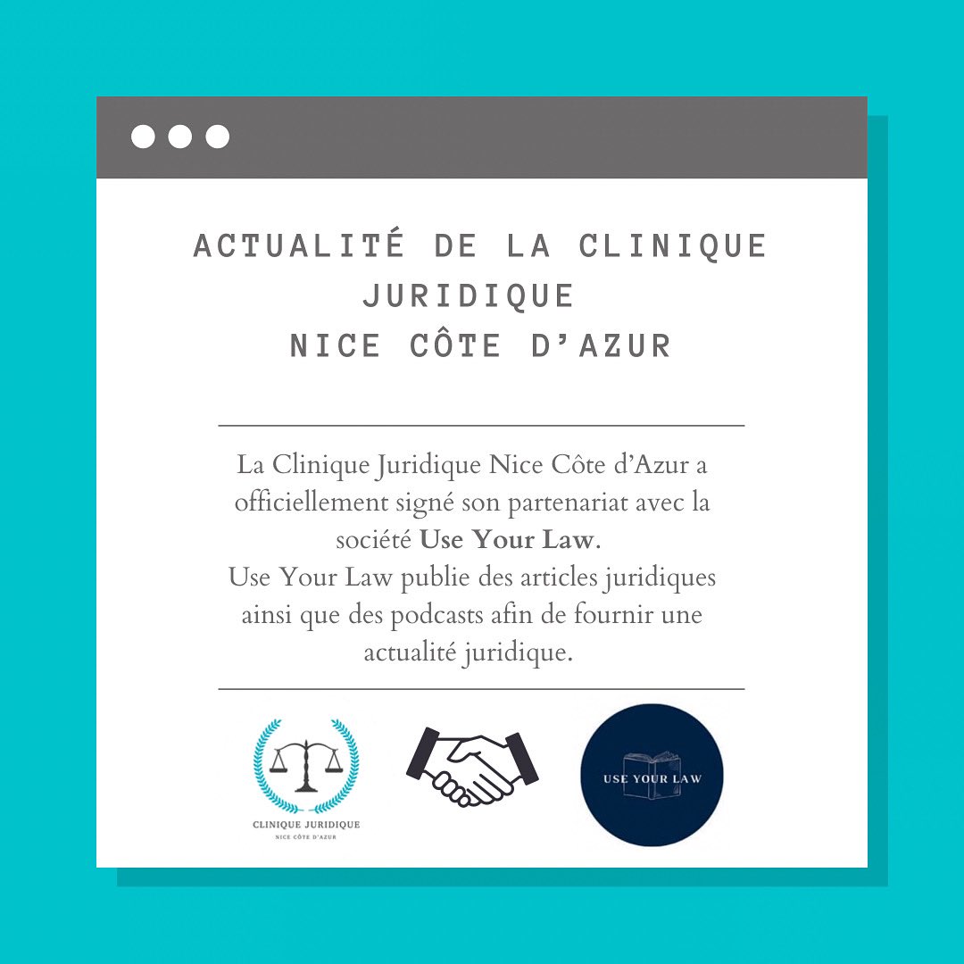 CJuri_Nice's tweet photo. La Clinique Juridique Nice Côté d’Azur est heureuse de vous annoncer la conclusion de son partenariat avec Use Your Law. ⚖️

Ce partenariat aura pour but de rédiger des articles juridiques et de réaliser des podcasts. Il nous permettra également d’organiser des événements communs https://t.co/JcTIHv1bMz