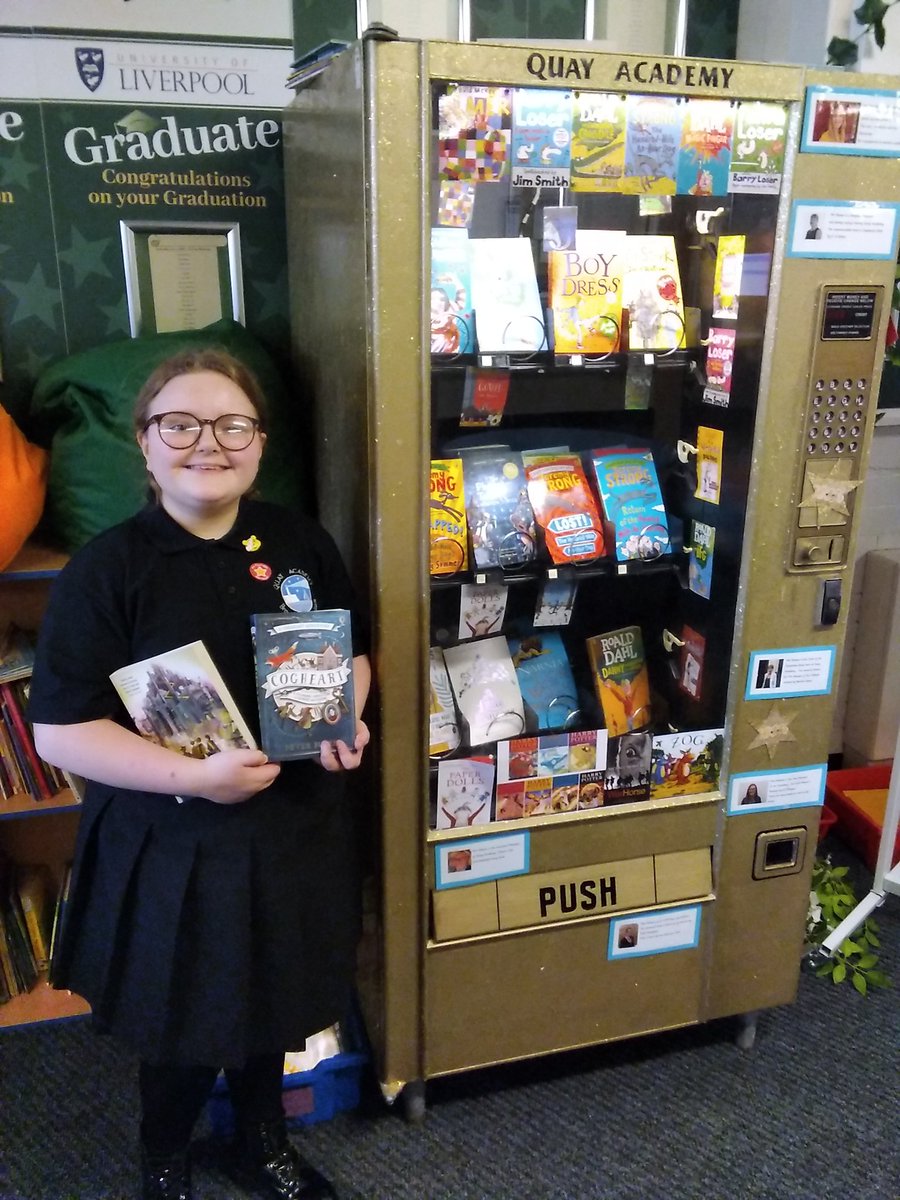 QuayAcademy's tweet photo. A huge well done to our superstar reader, Evie! Today she visited the golden vending machine twice for an incredible amount of home reads! She selected two new books to add to her growing collection. Well done Evie! #quayreader #readingforpleasure #superstarreader @QuayPrincipal https://t.co/AH3b1ZQIbF