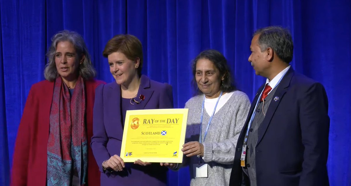 A Ray of the Day presented <a href="/COP26/">COP26</a> to First Minister of Scotland <a href="/NicolaSturgeon/">Nicola Sturgeon</a> by <a href="/TasneemEssop/">Tasneem Essop</a> from <a href="/CANIntl/">Climate Action Network International (CAN)</a> for walking the talk on #LossAndDamage by committing £2million to help vulnerable communities deal with climate impacts. #PayUp4LossandDamage #1o5C