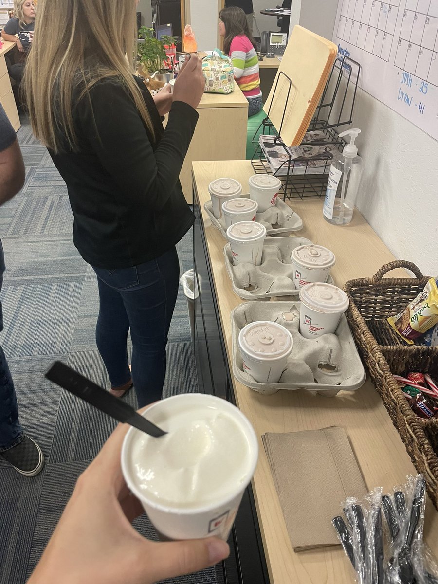 MLEverett87's tweet photo. The only thing that would make this spontaneous 10am frosty office party better is if they had pumpkin frosties. @Wendys #makeithappen https://t.co/ut6D3xQQOR