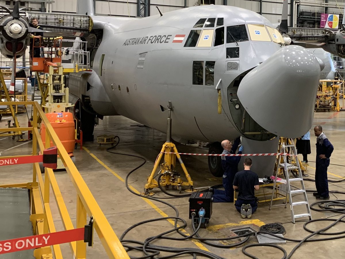 MZimmermannAT's tweet photo. #austriainuk - today in Cambridge: Austrian Air Force #Bundesheer C-130 transport plane undergoing maintenance &amp; upgrade at #marshallAerospace - in preparation for future peacekeeping and disaster relief missions! https://t.co/TXG1xq5ivy