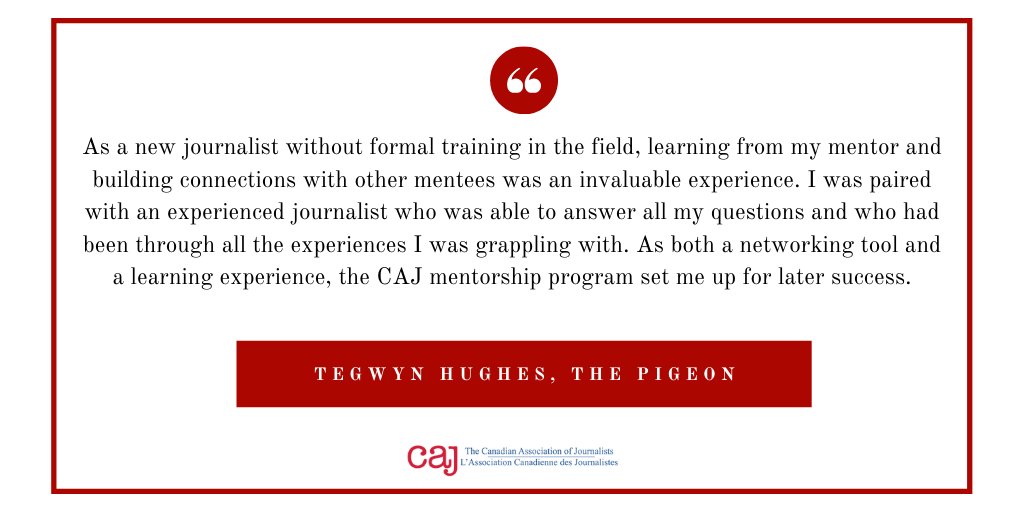 caj's tweet photo. With one day left to apply to our mentorship program, here's a testimonial from  @ThePigeon's @tegwynhughes who was paired with @reporteremma, the co-founder of @thenarwhalca.

Deadline is  Friday  5 p.m. EST: https://t.co/TjVBgYZFA8 https://t.co/FrVSd23TD9