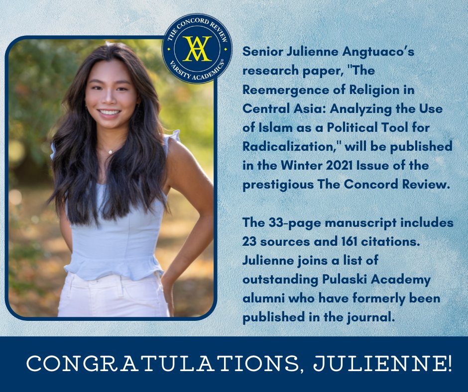 pulaskiacademy's tweet image. Congratulations to #PAGrade12 Senior Julienne Angtuaco! Her research paper will be published in the Winter 2021 Issue of the prestigious @concordreview.
✍️📘🌐
As of 2021, PA has more publications in this journal than any other college preparatory school in the United States!