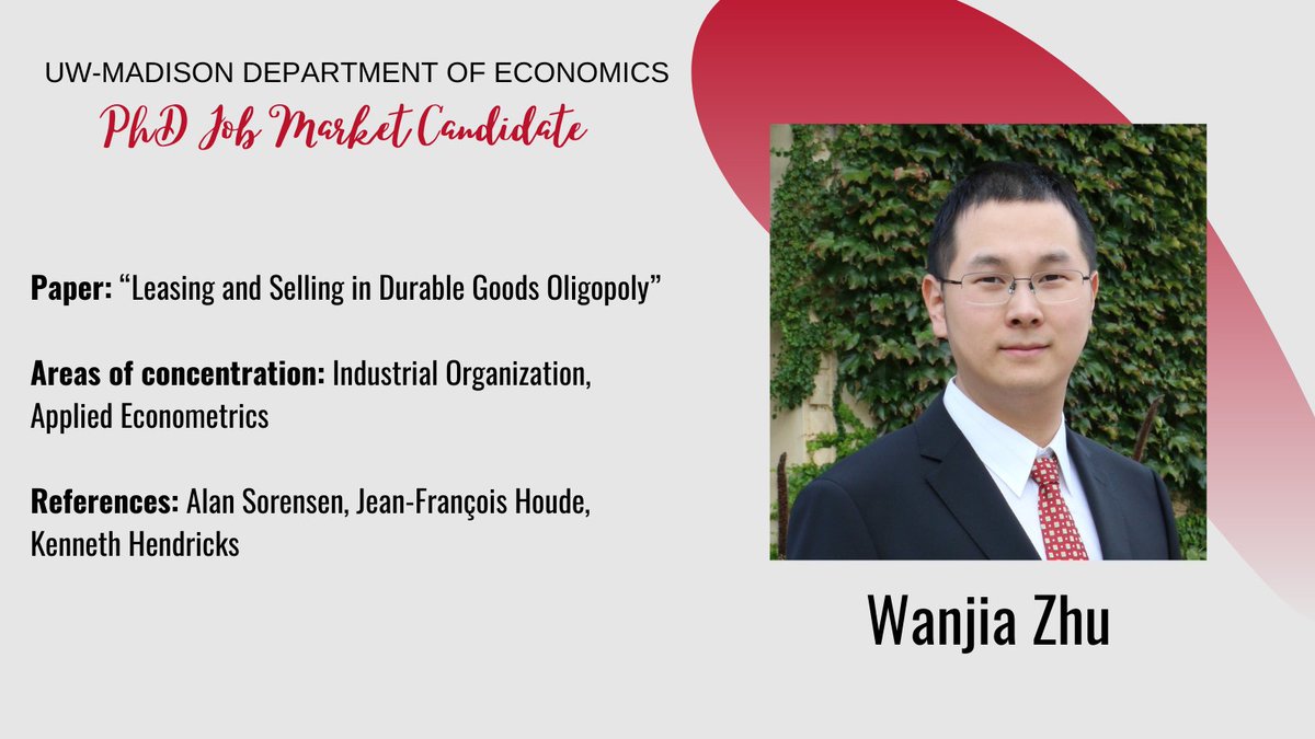 In his job market paper, Wanjia quantifies various effects of leasing on the profitability and market power of durable goods oligopolists. He studies how these effects depend on quality depreciation and market structure. #EconJobMarket #EconTwitter econ.wisc.edu/staff/zhu-wanj…