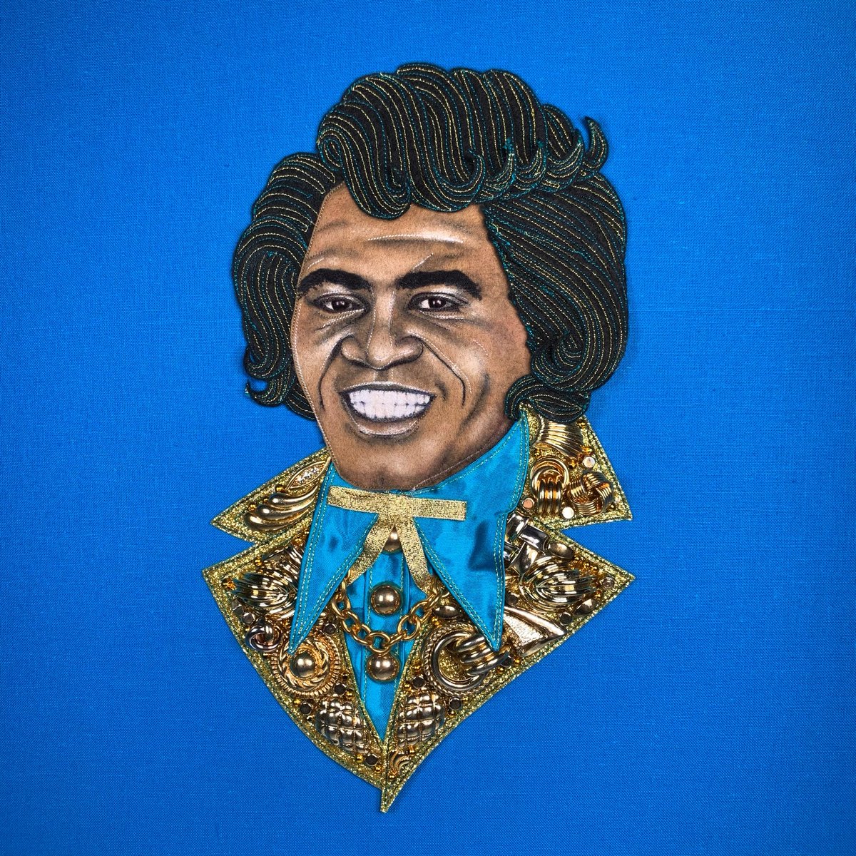 FINISHED STITCHED PORTRAIT OF JAMES BROWN. SEWN FROM FELT & SATIN, WITH GILT THREADS & EMBELLISHED GOLDEN LAPELS. 12” SQUARE, BOX FRAMED UNDER GLASS. *AVAILABLE TO PURCHASE*
MESSAGE FOR PRICE & INFO. #jamesbrown #godfatherofsoul