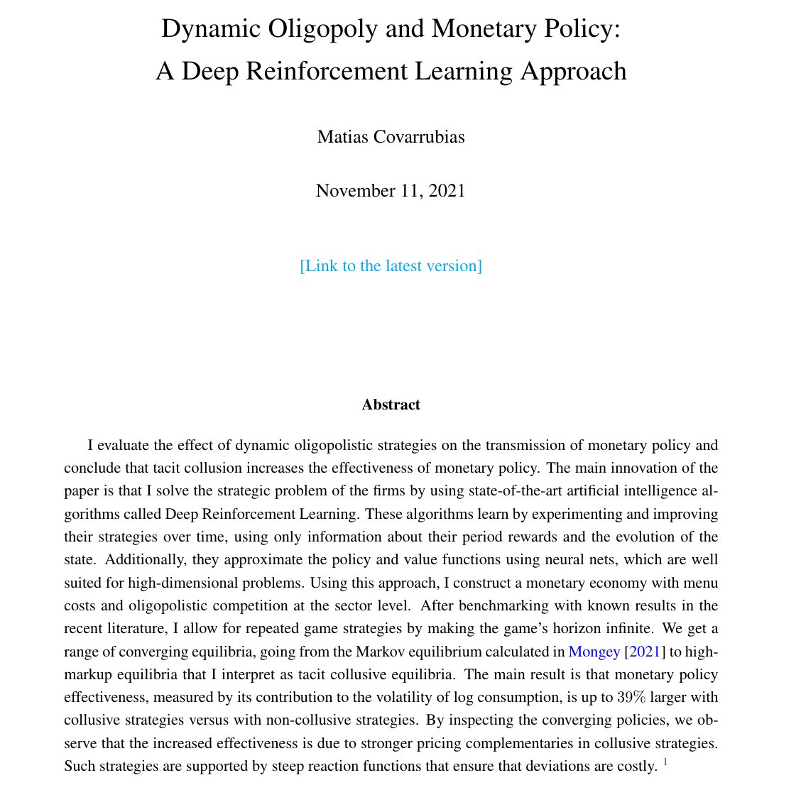 0/10.  Today we highlight Matias Covarrubias JMP thread. He uses artificial intelligence algorithms to answer; How do oligopolistic strategies affect the transmission of monetary policy? #EconTwitter

Website: matias-covarrubias.com