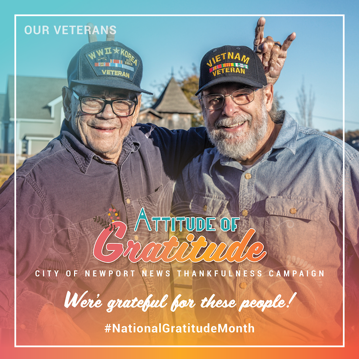 CityofNN's tweet photo. We are grateful for our veterans who served our country fearlessly! We thank you today! Tag your favorite veteran! One random veteran will be chosen to receive a prize! Winner announced on Monday! #NewsofGratitude #NationalGratitudeMonth https://t.co/DkPTgsd5Gd
