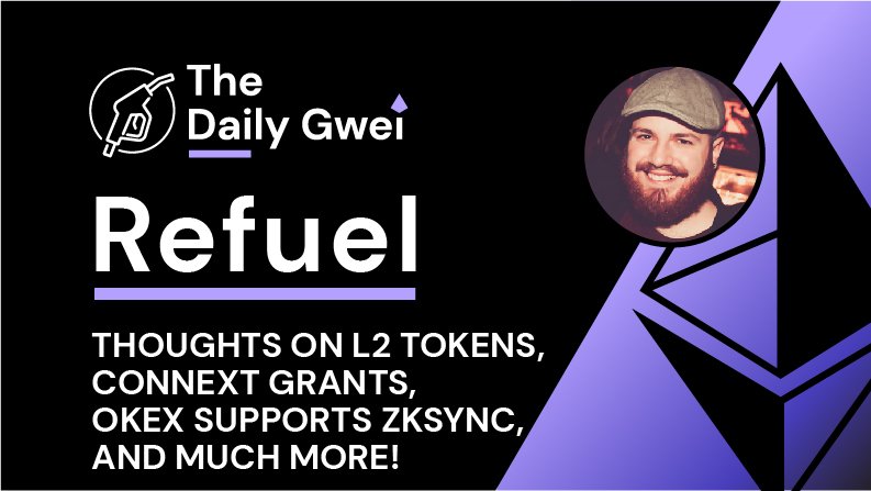 The latest <a href="/thedailygwei/">The Daily Gwei 🦇🔊</a> Refuel is ready for your consumption! ⛽️

Today's topics:

- Thoughts on layer 2 tokens 🤔
- <a href="/ConnextNetwork/">Connext</a> Grants program launched 💰
- @OKEx to support <a href="/zksync/">ZKsync</a> on/off-boarding 🌉
- and much more ➕

Watch 👇

youtu.be/CvdoEMkykEg