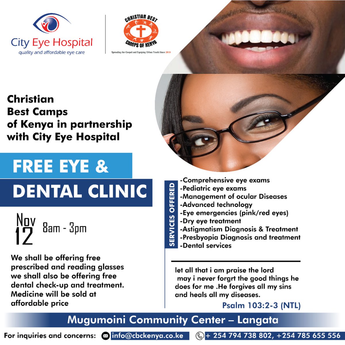 CBCKENYA's tweet photo. By the grace of God we want to see God's children smiling with amazing teeth and good eyesight so that they can function properly!

Free eye and dental clinic tomorrow

#mugumoinicommunitycenter #CBCK #dentist #optician #FreeDentalClinic #FreeEyeCheckup #PearlRadio #cityeyeclinic https://t.co/lFSMy7AxXy