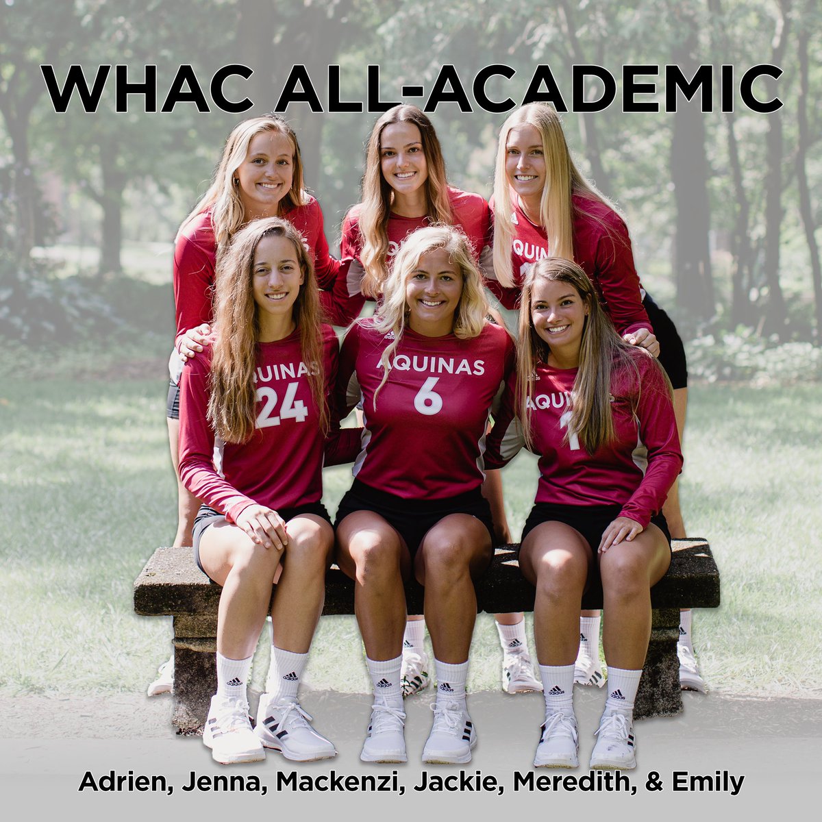 AQVolleyball's tweet photo. Congrats to Adrien, @jennaberens, Kenzi, Jackie, @merkraus22, &amp; @jonesey114 for being named on the @WHACAthletics All-Academic team! We’re so proud of your dedication to athletics and academics at @AquinasCollege ❤️ https://t.co/9tD3Hye7hf