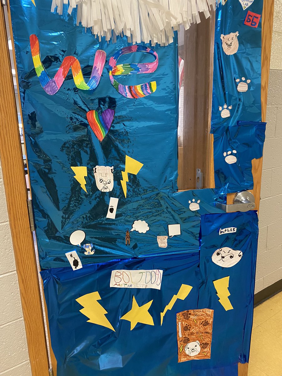 msshein1's tweet photo. Happy spirit week from the second grade team!! We decorated our classroom door to be the school theme of bolt dogs. And today we dressed up  as Peter Reynolds characters. https://t.co/ME3e7qTIVD