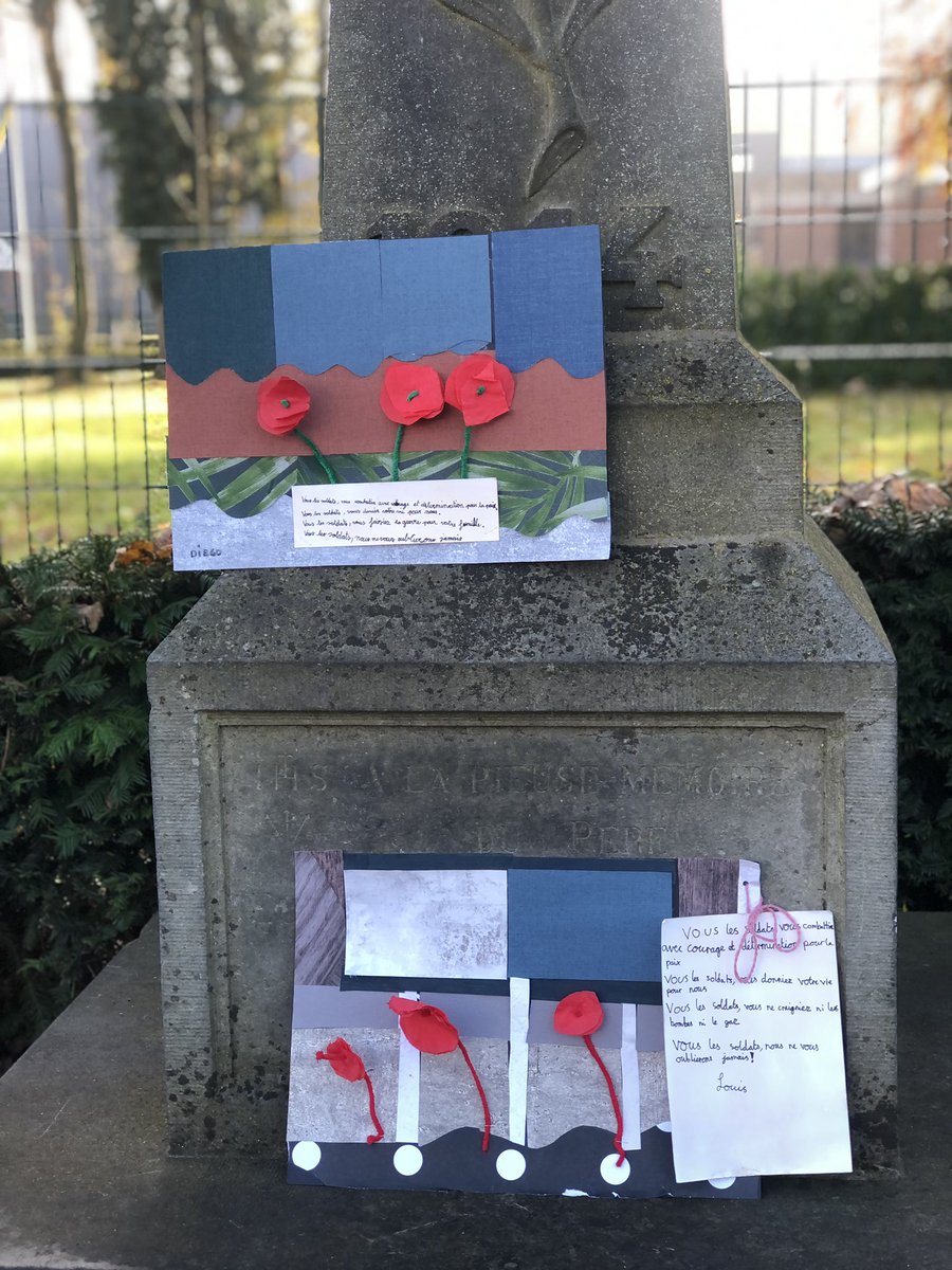 sev_bottin's tweet photo. Celebrating Remembrance Day @BSB_Brussels with a collage representing poppies growing in the middle of a war field and a message to the soldiers who fought and lost their lives during WW1 #LestWeForget #RemembranceDay2021 https://t.co/d5RmaFVTSl
