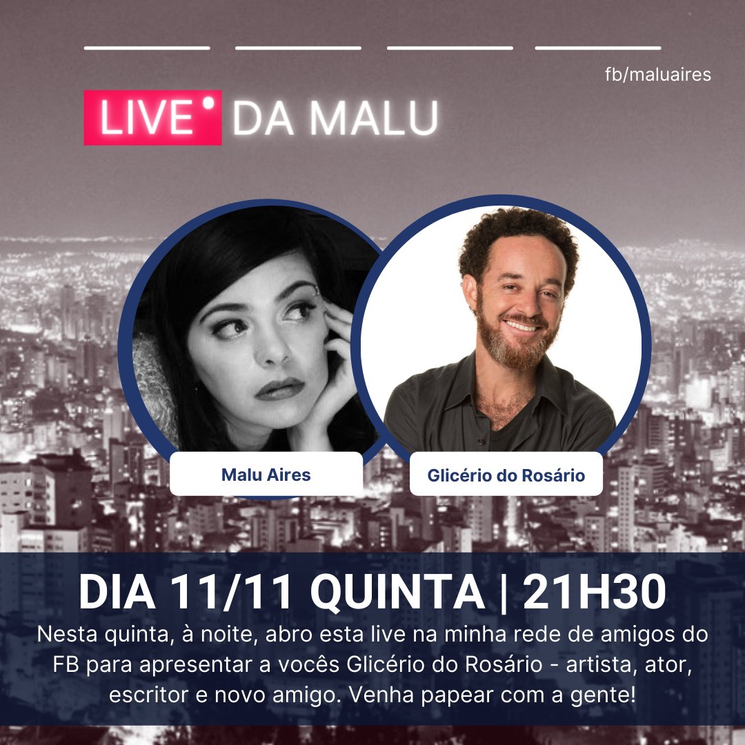 maluaires's tweet photo. Hoje (qui), às 21h30, trago para o "facebook da Malu" o ator Glicério do Rosário.
Vamos falar de tecnologias, meios e emoções no ambiente digital, além de tudo que interessar e pintar no chat. Estejam todos convidados!

https://t.co/RSvh4vE6DX https://t.co/BjN9ZejBas