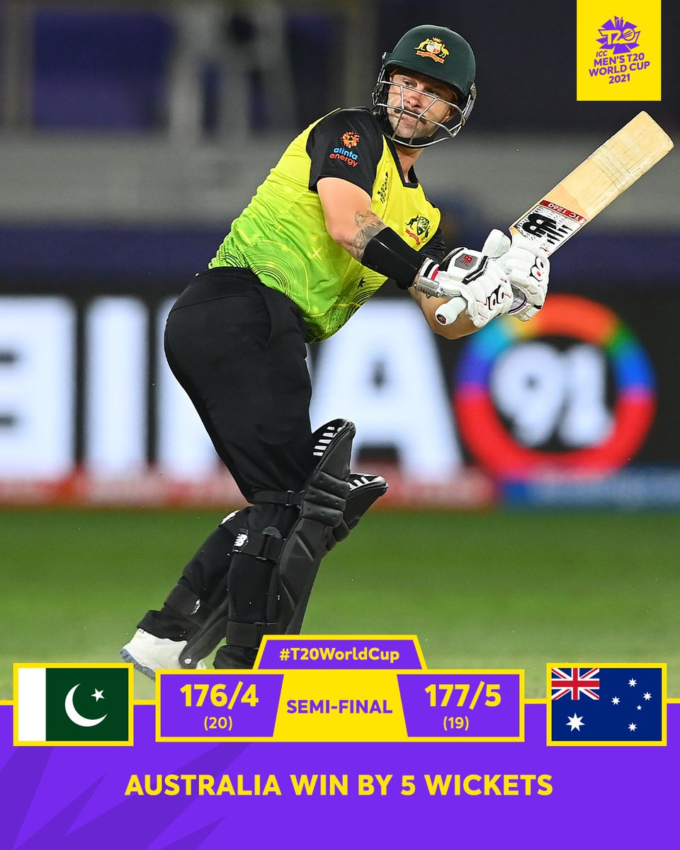 ICC's tweet photo. Australia are through to the final of the #T20WorldCup 2021 🔥

#PAKvAUS | https://t.co/JDqHSywro7 https://t.co/kPP8Ztu246