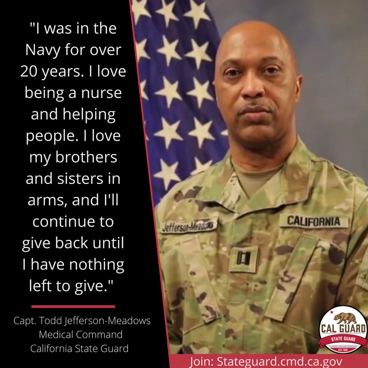 On Veterans Day, we honor all who have served in the U.S. military. Veterans can continue to serve in the California State Guard. To join, visit stateguard.cmd.ca.gov. 🇺🇸 #veteransday #veterans