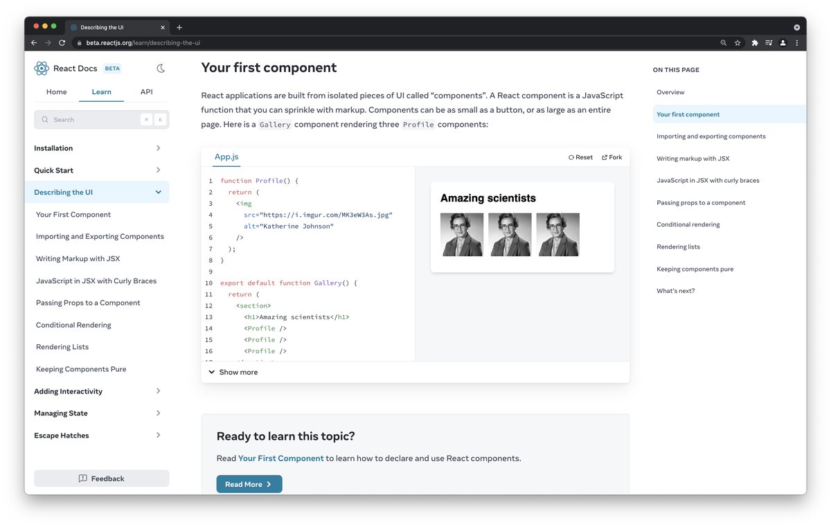 reactjs's tweet photo. Two weeks ago, we published an early preview of the new React Docs Beta at https://t.co/ql9wyiBk30. If you’re learning React, check it out and let us know what you think! It’s still a work in progress and unfinished, but there are several reasons we are excited about it. https://t.co/Z4EadmnJ1I