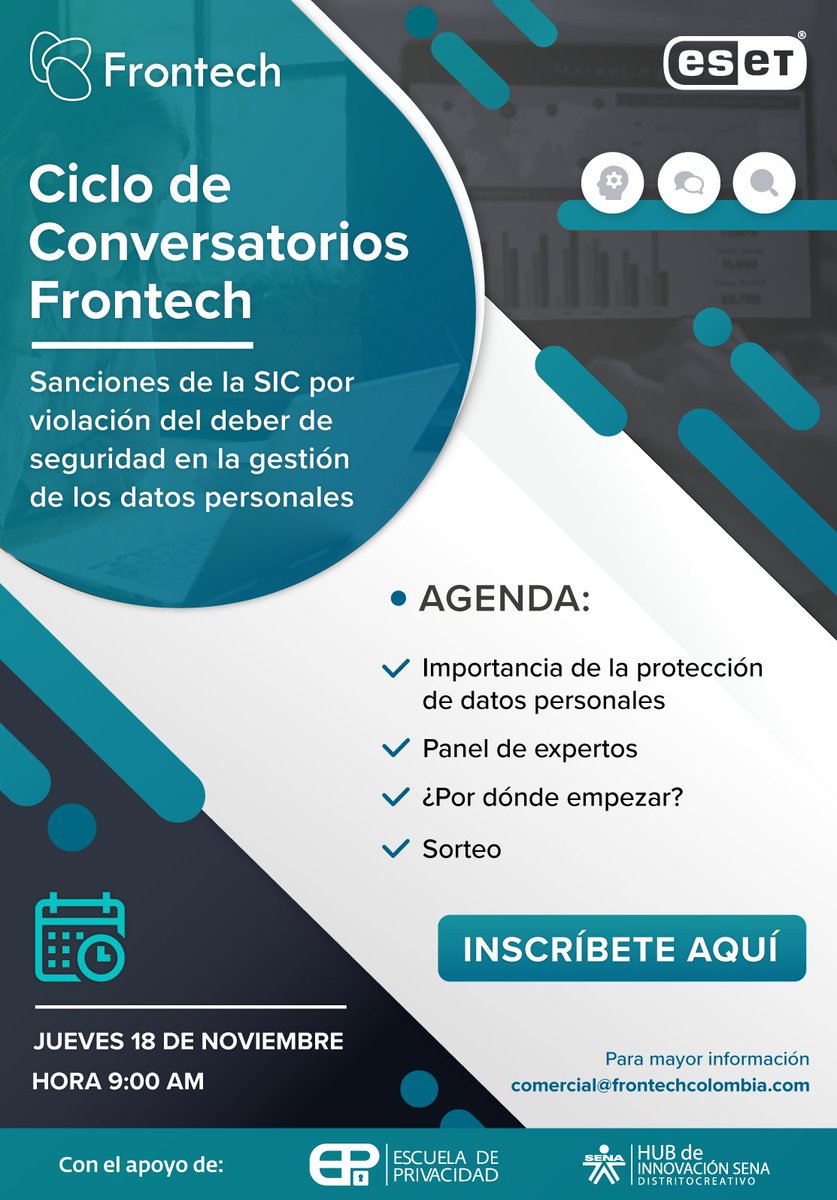 frontechcol's tweet photo. ✅ Te invitamos al Ciclo de Conversatorios Frontech “Sanciones de la SIC por violación del deber de seguridad en la gestión de los datos personales” 👩🏻‍💻👨🏻‍💻

➡️Día: jueves 18 de noviembre 
Hora: 9 am 

Inscríbete aquí  
👉https://t.co/VfrAu96sGl https://t.co/qr0CewOCou