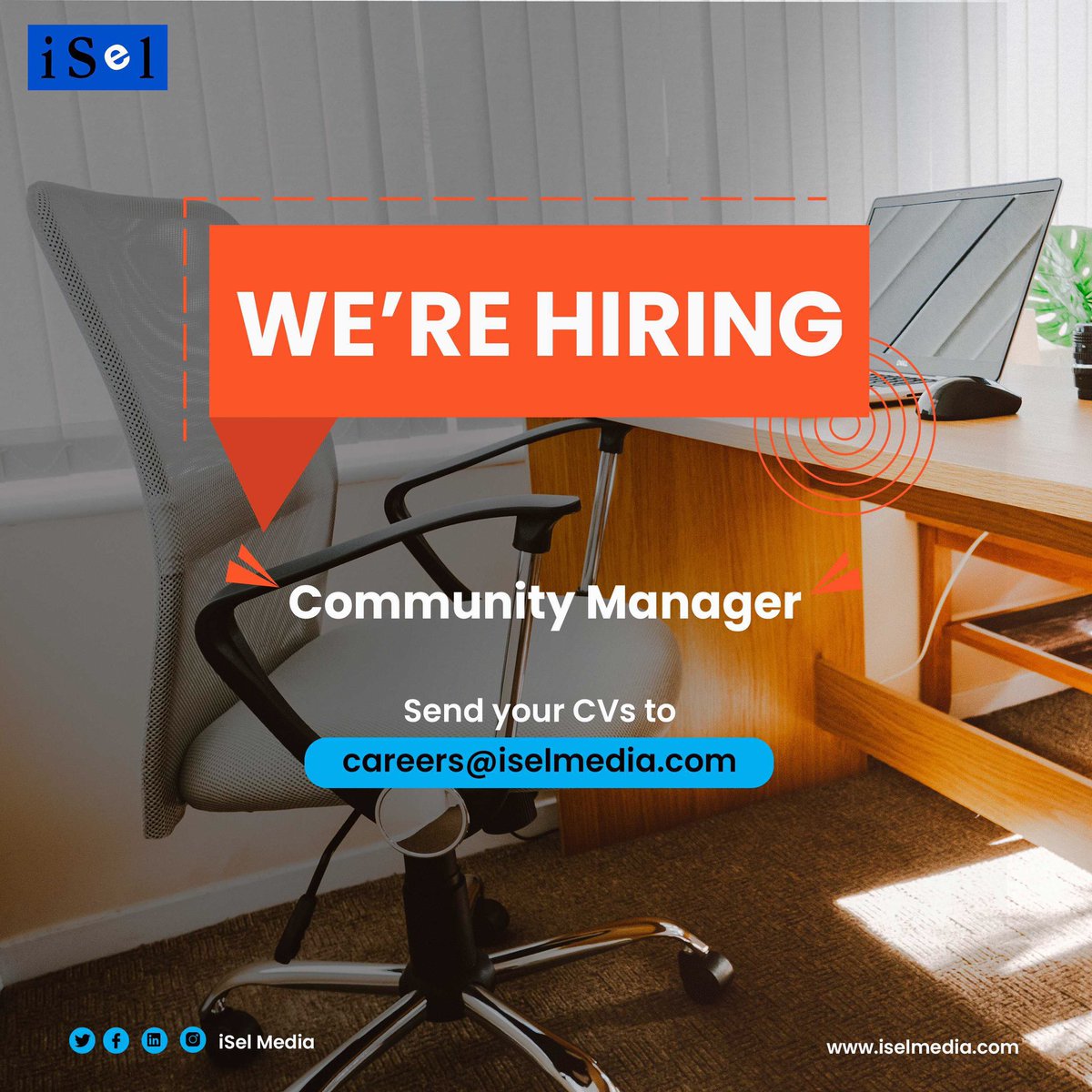 WeAreiSel's tweet photo. Our seat is empty for you!
Our creative home craves a community manager. Talk to us!
#iSelMedia
#DigitalMarketing https://t.co/HmiBGW3eV4
