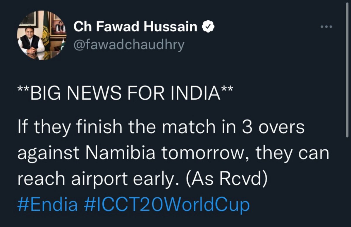 PanickarS's tweet photo. Hey you Pak minister, when’s your team’s flight back to Karachi? @fawadchaudhry 

#T20WorldCup #MatthewWade #MarcusStonis #maukamauka https://t.co/DFlxkdMJao