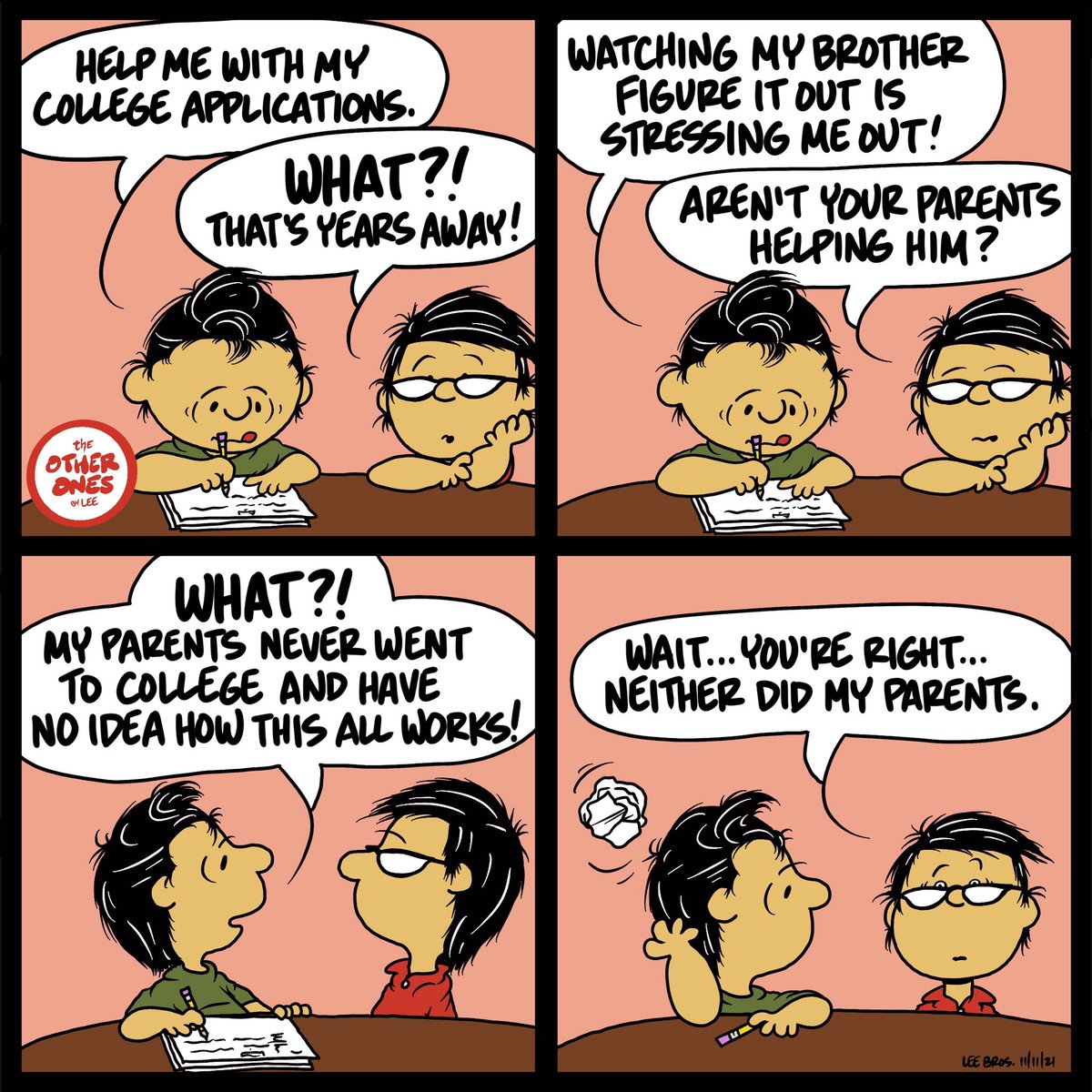 OtherOnesbyLee's tweet photo. Gilbert and Diggy have a realization. #notother #TOOBL #webcomic #immigrantfamilies #collegeapplications #doubleshotthursday https://t.co/DhmkqGPfFM
