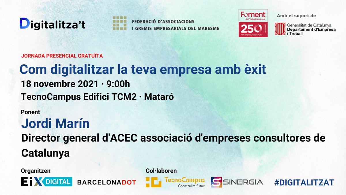 Gentic_org's tweet photo. Com digitalitzar la teva empresa amb èxit amb en @jmarinpu. 👩💻
No hi faltis si necessites una empenta per fer créixer el teu negoci de forma digital i t'interessa fer networking local al final de la sessió ‼️
Més info a: ➡️ https://t.co/gWhN2kVbyG
#digitalitzat #eixdigital https://t.co/qcjKyn9Z8K