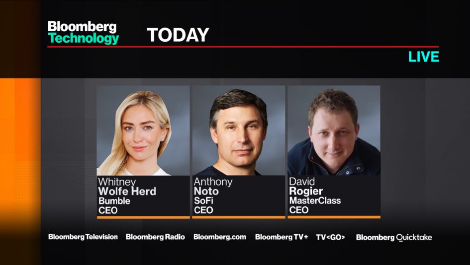 emilychangtv's tweet image. Great show today! 2pPT

@bumble CEO @WhitWolfeHerd 
@SoFi CEO @anthonynoto 
@MasterClass CEO @drogier 

Bloomberg.com/live