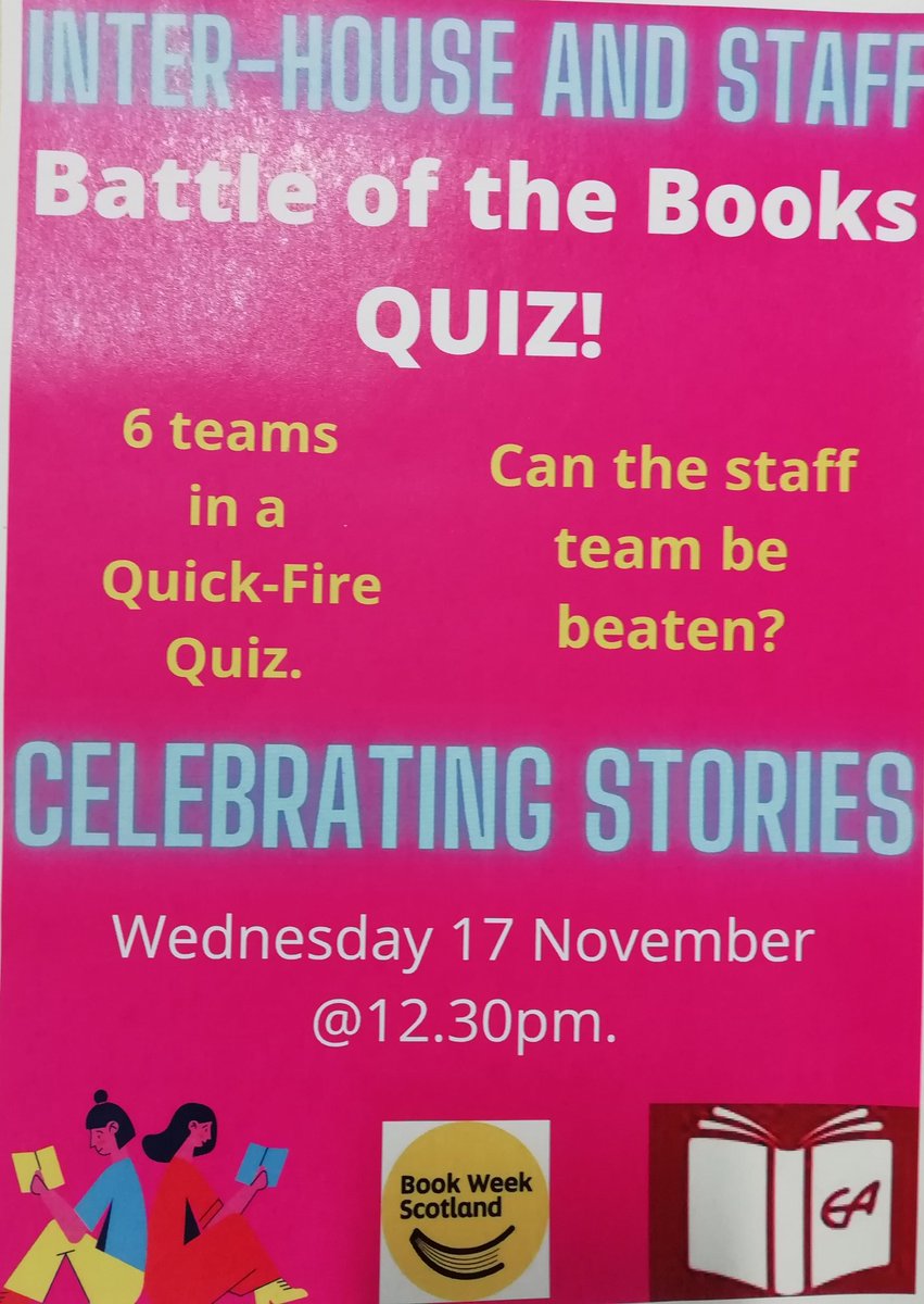 One of our lunchtime events next week and excitement levels are rising #BookWeekScotland. Novelties Book Club will be scoring the quiz; the staff team want to win; so do our house teams. But, the quiz chiefs' decisions are final: our head & depute head students are in charge! 🎊