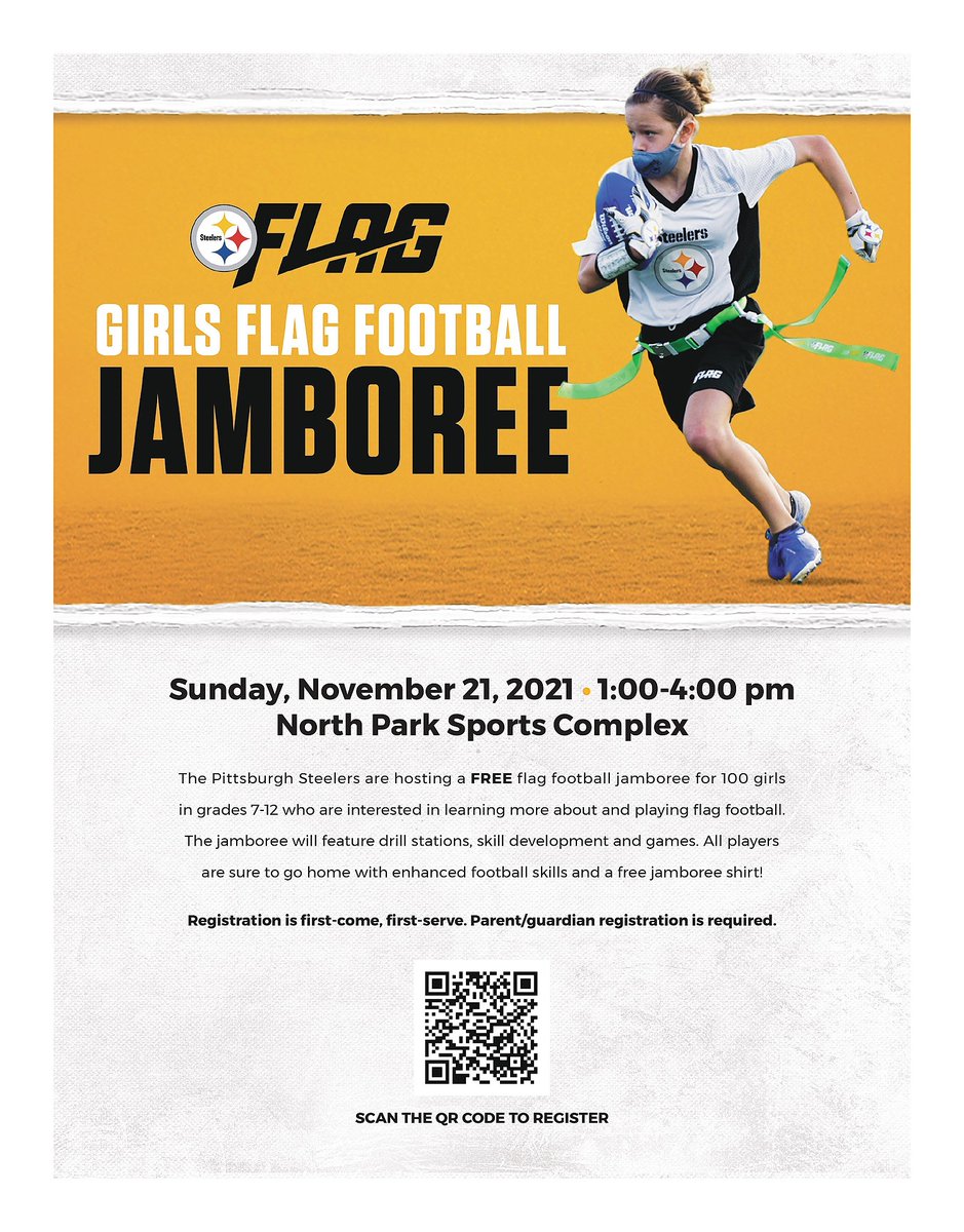 NFLFLAG's tweet photo. The @Steelers will be hosting a FREE Girls Flag Football Jamboree for girls in grades 7-12 on Sunday, November 21st

https://t.co/iXrGBQuVRh https://t.co/5C8BF4FymO
