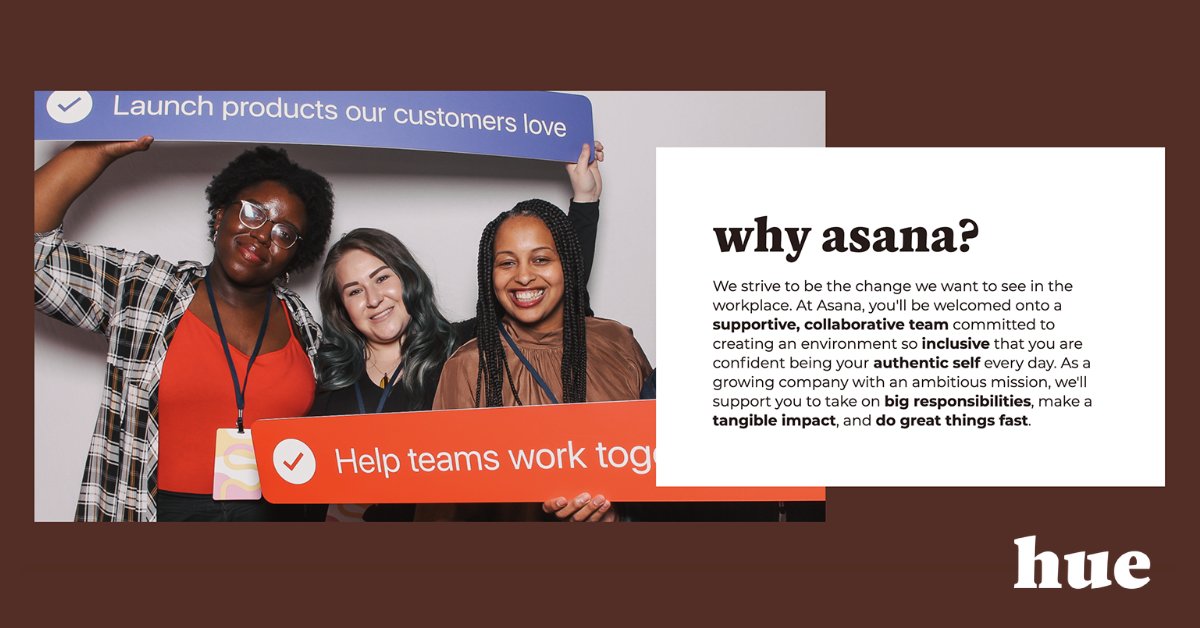 We_are_hue's tweet photo. 📣 Shoutout to our partner @asana, with leaders focused on building great teams. 💪🏿💪🏾💪🏽
Proud to showcase their culture & values on a dedicated employer spotlight on Hue's platform.
And they're hiring - learn more here ➡️ https://t.co/JoYR0L474i
#WeAreHue #TeamAsana https://t.co/CnS7l1nnKM